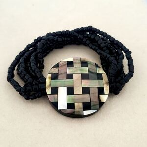 Black Beaded Boho Bracelet Multi-Strand Basketweave Medallion Abalone Inlay